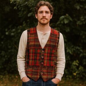 Vintage Red Plaid Wool Vest